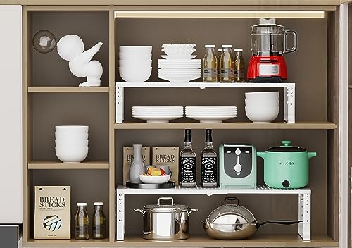 Jojocross Expandable White Metal Kitchen Organizer - 2 Pack, Adjustable & Stackable Spice & Pantry Shelves, 10.24"D x 16.6"–26.5"W