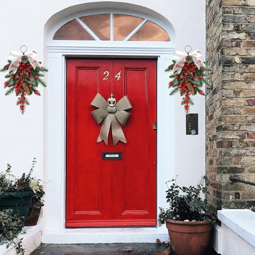 2 Pack Christmas Teardrop Swags with Berries & Pinecones – 20in Artificial Floral Wall Decor