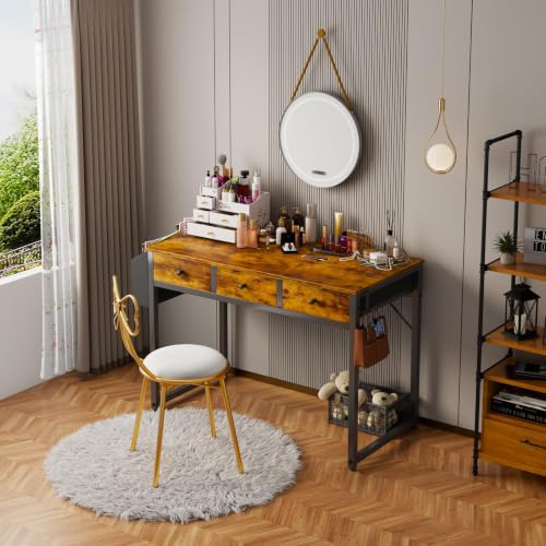 Rustic Brown 39.4 Inch Desk with Drawers - Space-Saving Home Office Writing Table