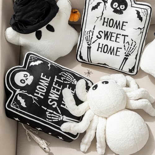 White Spider Halloween Throw Pillow - Cute Faux Fur Tarantula Cushion 22x16 inches