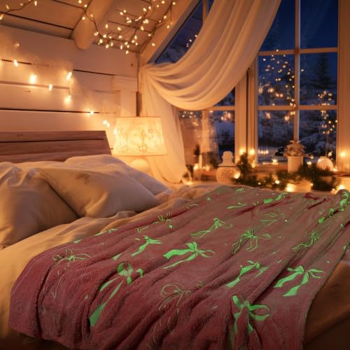 Pink Bow Blanket for Girls 50 x 60 Inch Glow in The Dark Throw Blanket Cute Bow Theme Flannel Plush Preppy Coquette Gifts Dorm Essentials for Christmas Thanksgiving Gift Decoration