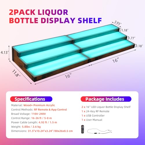 2-Pack 16‘’ LED Lighted Liquor Display, 3-Tier 32Inch Total Bar