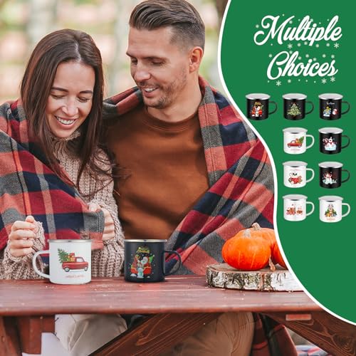 Christmas Enamel Mugs Set 12oz Black & White Coffee Cups - 9 Pack