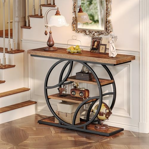 Rustic Brown Entryway Table with Curved Metal Frame - 41.3 Inch
