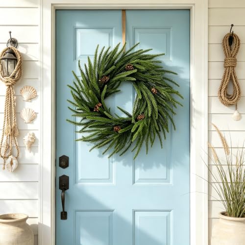 21-inch Norfolk Pine Wreath Christmas Front Door Decor - Real Touch & Pinecones