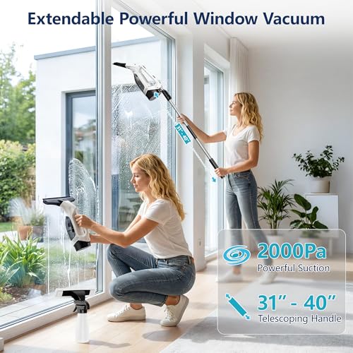 Electric Window Vacuum Squeegee with Extendable Pole - Cream, 31-40 Inch Reach