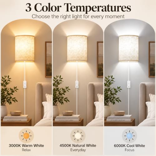 Beige Plug-in Wall Sconces Set of 2 with On/Off Switch & Adjustable Color Temperature