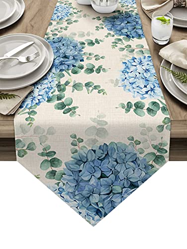 Farmhouse Table Runner 13x72 Linen Look with Eucalyptus Blue Hydrangea