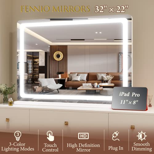 White 32x22 Inch Lighted Vanity Mirror with Touch Sensor & 3-Color Lighting
