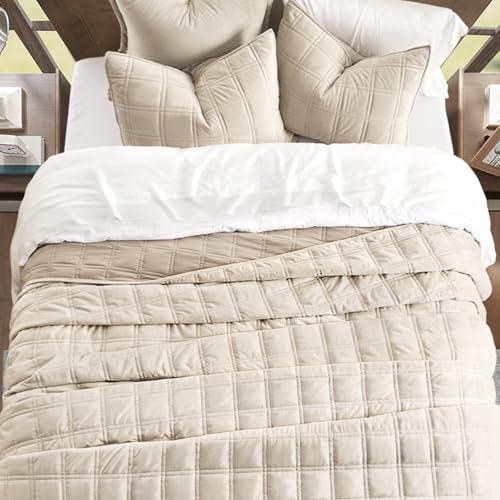 EverGrace Luxurious Velvet Quilt Set Queen Double Box Stitch Beige 3 Pieces