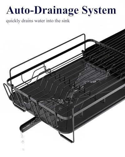 Extendable Dish Drying Rack Black - Adjustable Kitchen Drain Organizer with Cutlery & Cup Holders - Standard Variation