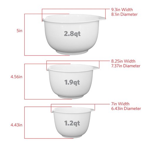 Glad Mixing Bowls with Pour Spout, Set of 3 | Nesting Design Saves Space | Non-Slip, BPA Free, Dishwasher Safe Plastic | Kitchen Cooking and Baking Supplies, White