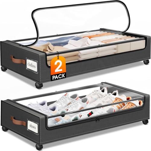 Under Bed Storage Containers with Wheels - 2 Pack Dark Grey with Clear Window