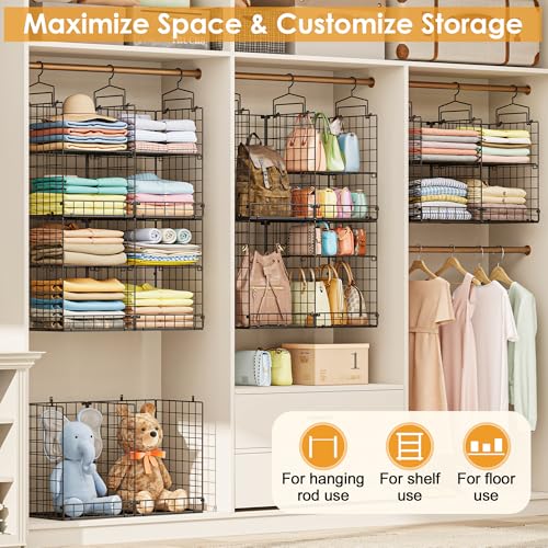 Heavy Duty Metal Closet Organizer with Adjustable Dividers & Hooks - Split into 2 Units