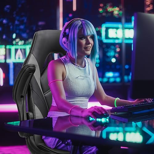 Sweetcrispy Grey Ergonomic Computer Gaming Desk Chair with Lumbar Support, Adjustable Height & Flip-up Armrests