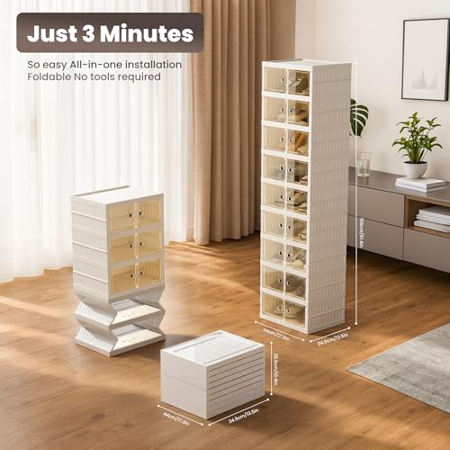 White 9-Layer Foldable Shoe Organizer Storage Box with Magnetic Clear Door
