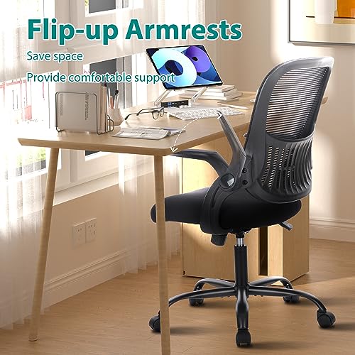 Sweetcrispy Black Mesh Executive Office Chair with Flip-Up Arms & Lumbar Support