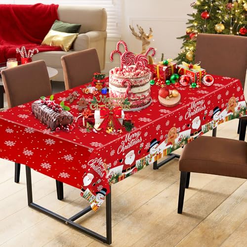 2 Pcs Christmas Tablecloth - Plastic Merry Christmas Table Cloth, Red Disposable Rectangle Cute Santa Claus Snowman Xmas Table Cover for Christma Party Decorations Favors Tables Decor, 108 x 54 Inch