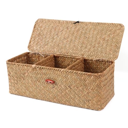 Wicker Shelf Baskets with Lid,Rectangular Seagrass Woven Storage Baskets with Dividers for Bathroom Organizer Small Bins Home Decor (Natural)