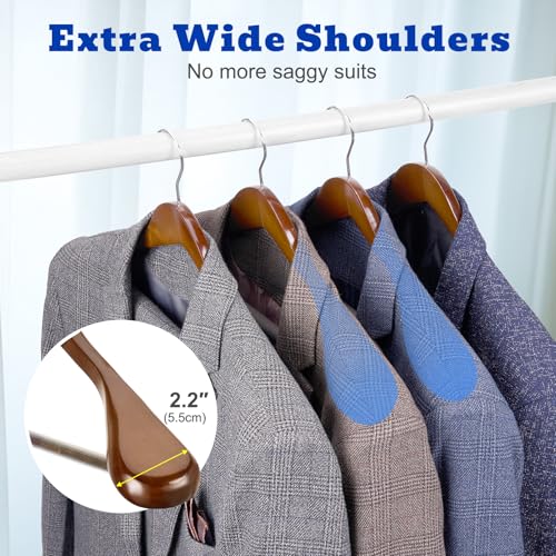 Wide Shoulder Wooden Hangers Set of 12 - Walnut Heavy Duty Suit & Coat Hangers with Non-Slip Pants Bar