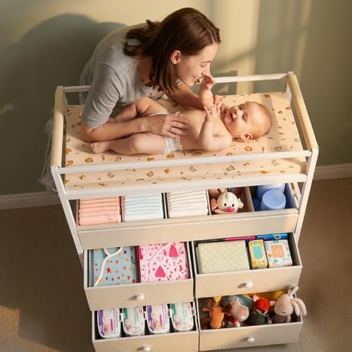 Baby Changing Table Dresser with Safety Bumpers & 4 Drawers - Stable Nursery Furniture