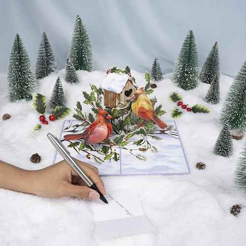 Two Cardinals Pop Up Card, Merry Christmas, Birdhouse, Winterberry Branch, Snow, 3D Greeting Card, Ideal Gift for Xmas Season, Table Decorations, 5x7 - Includes Envelope And Message Note