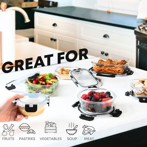 Razab 30-Piece Glass Food Storage Containers Set with Black Lids - Leakproof & Oven Safe