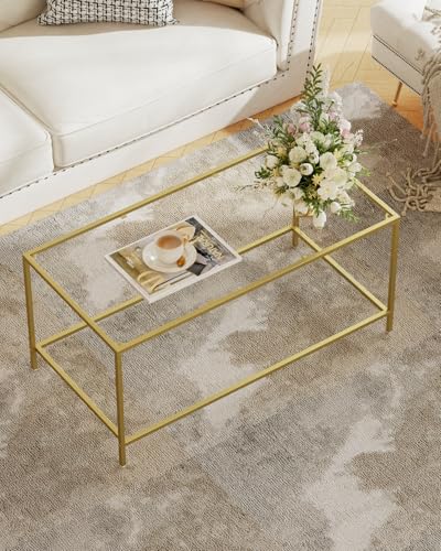 Homleke Gold Glass Coffee Table - Modern Rectangular Living Room Accent, 39.4 x 19.7 x 17.7 Inches