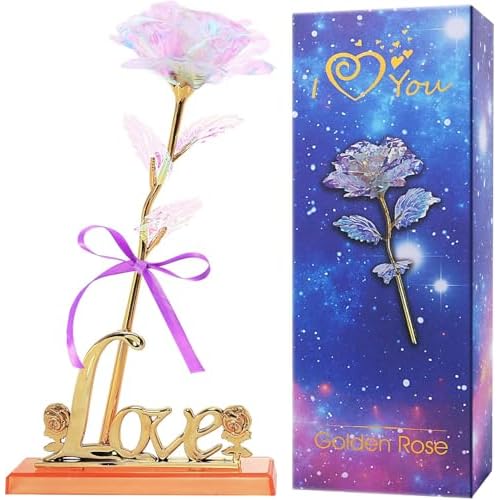 Double Couple Galaxy Forever Crystal Colorful Rose Flower with Love Stand Unique Rose Gifts for Mother's Day Wedding Anniversary Girl's Birthday Christmas and Valentine's Day (Multicolor)