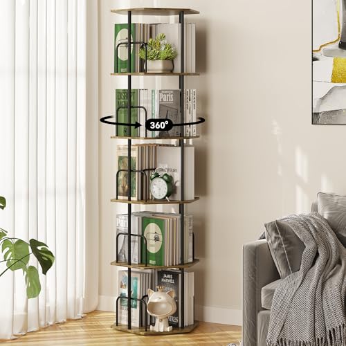 Brown 5-Tier Rotating Hexagonal Corner Bookcase - 360° Spinning Storage Tower