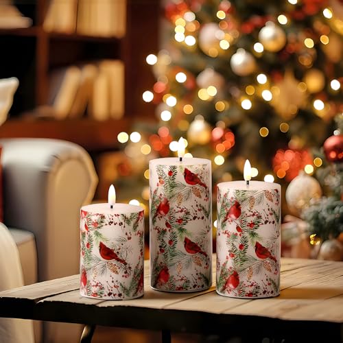 Conelist Red Cardinal Christmas Flameless Candles with Remote - 3 Pack