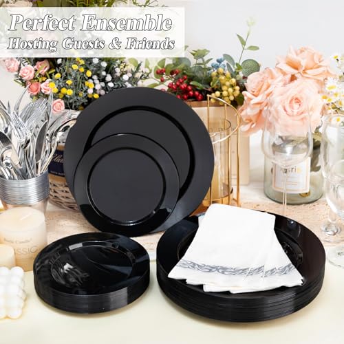 200PCS Black Plastic Dinner and Dessert Plates Set - Disposable Party Tableware