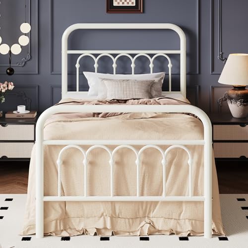 Cream Twin Size Metal Platform Bed Frame with Headboard - Elegant & Durable