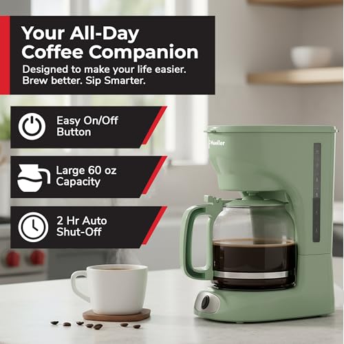 MUELLER HOME 12-Cup Drip Coffee Maker, Green, Borosilicate Carafe