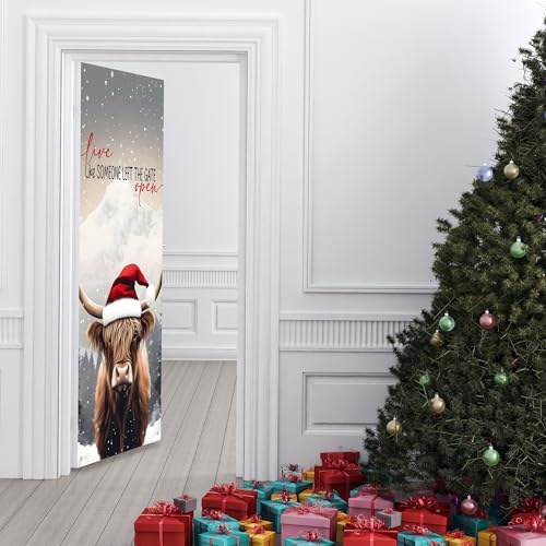 E-Christmas Cow Door Cover - Funny Highland Cow Holiday Door Banner for Indoor Outdoor Decor