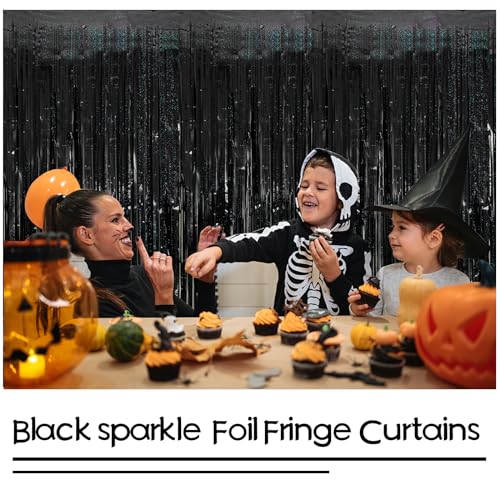 K.E.J. 2 Pack Black Tinsel Curtain Backdrops – 3.28 ft x 6.56 ft Fringe Foil Party Curtain for Photo Booth, Birthday & Halloween