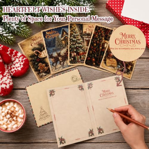 Tlenpo 24 Vintage Christmas Cards Set 5x7 with Envelopes & Stickers – 8 Patterns