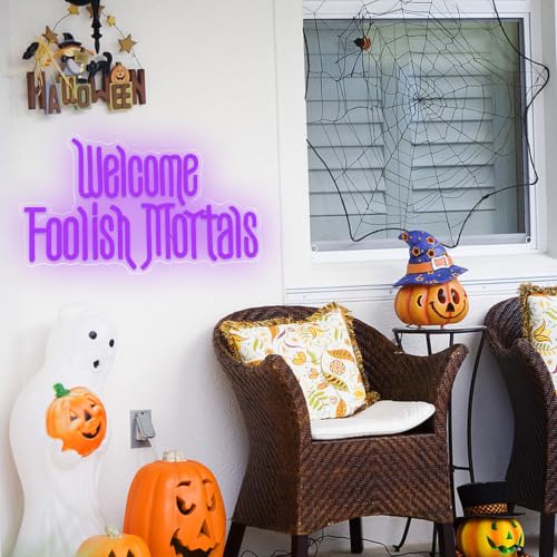 Welcome Foolish Mortals Neon Sign, Halloween Light Spooky Gothic