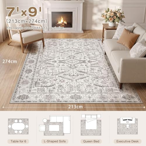 ZUNTKON 7x9 White Washable Area Rug Vintage Style Non-Slip Living Room Carpet