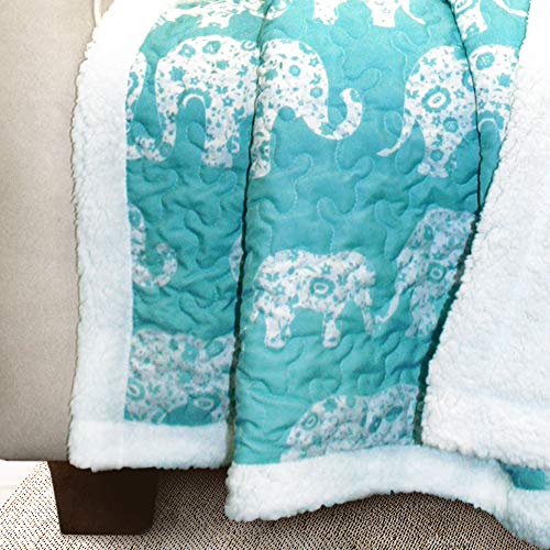 Lush Decor Elephant Parade Sherpa Throw Blanket 50" W x 60" L, Aqua - Elephant Blanket for Kids - Plush Throw Blankets for Bed - Blue Couch Blankets