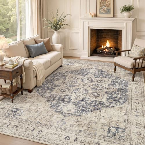 8x10 Washable Area Rug - Vintage Medallion Pattern, Non-Slip, Cream & Blue