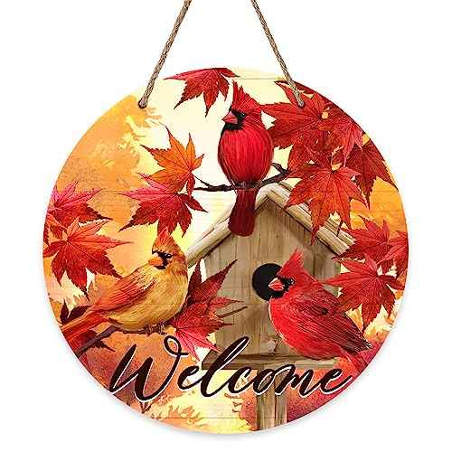 Deroro Welcome Fall Cardinal Front Door Sign, Autumn Maple Leaves Red Bird Birdhouse Wood Door Hanger Outdoor Outside Porch Decor, Thanksgiving Farmhouse Wooden Wreath Indoor Wall Hanging Decoration