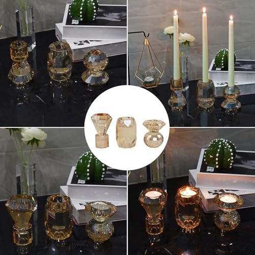 Champagne Amber Crystal Candle Holders Set of 3 for Weddings & Parties