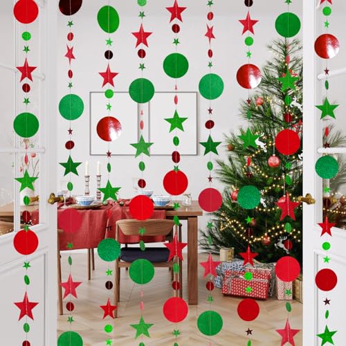 JijAcraft 52ft Christmas Glitter Star Garland – Green & Red Hanging Banner