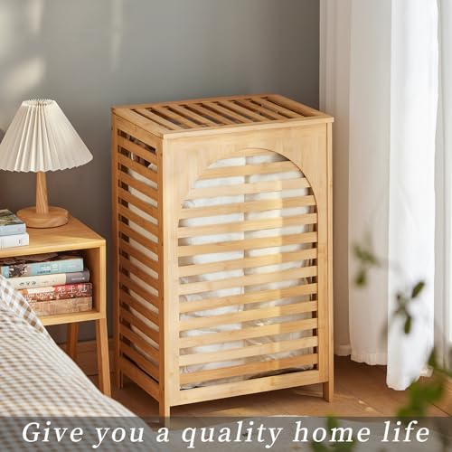 Kitsanery Large Waterproof Bamboo Laundry Hamper with Lid & Removable Washing Bags - Natural