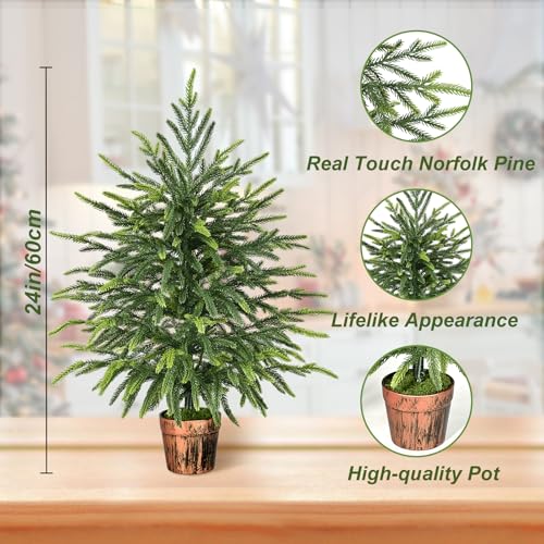 2FT Norfolk Pine Tree with Pot - Real Touch Artificial Christmas Tree for Indoor & Outdoor Decor - Siyaluens