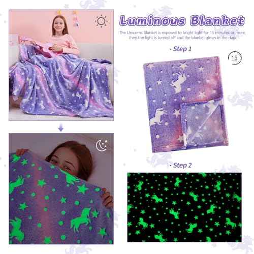 QSTEHEML Unicorns Glow in The Dark Blanket for Girls,Unicorn Gifts for Girls Age 3 4 5 6 7 8 9 10 11 12 Year Old, Soft Unicorns Purple Blanket - Christmas Birthday Bedroom Decor 50"¡¿60"