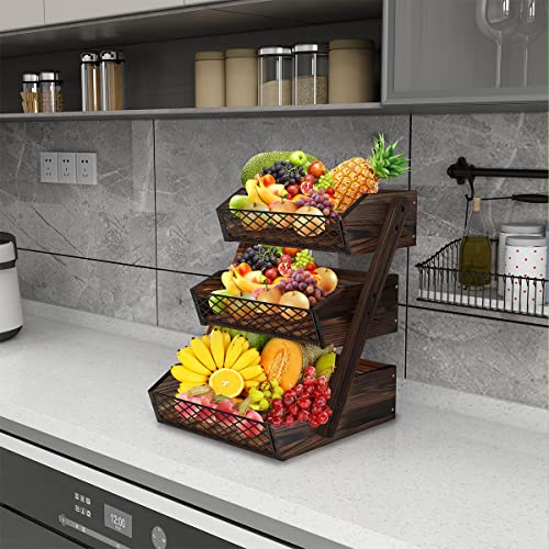 Dorhors 3-Tier Fruit Basket for Kitchen Counter Organizer, Metal Mesh & Wood Stand