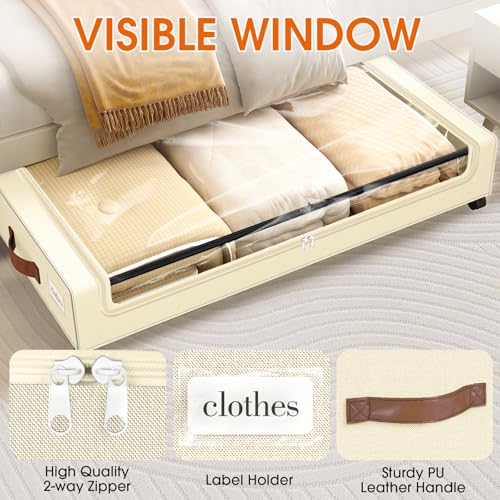 Beige Under Bed Storage Containers with Wheels 2-Pack - Clear Window & Leather Handles