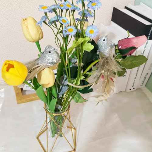 6 Pack Decorative Silver Glitter Birds Artificial Feather Foam Clip on Birds Christmas Tree Ornaments with Clips for Wedding Party Garden (Silver Glitter)